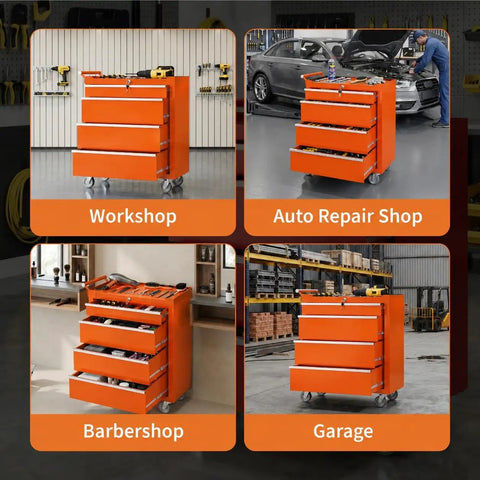 Heavy Duty Steel Rolling Tool Chest Bad Boy With Lockable Caster Wheels And Slick Ball Bearing Drawers Hella Tough Portable Storage Cabinet For Garage Workshop In Bright Orange in a workshop setting.
