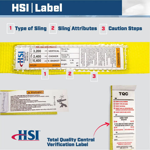 Heavy Duty Nylon Triangle Sling 2 Inch Wide By 16 Feet Type 2 TT Sling For Lifting And Towing, 3,200 Lb Vertical Capacity, Basket Or Vertical Rigging, Lightweight Yet Built Tough Web Sling For Industrial Use. label detail
