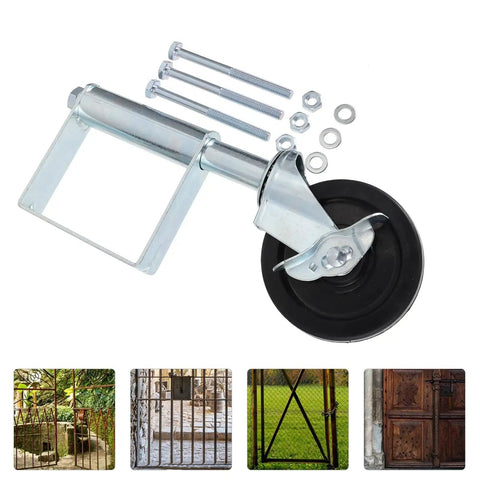 Heavy Duty Spring Loaded Gate Wheel With Cold Rolled Steel Caster Built Like A Tank For Effortless Sliding Fences Tough As Nails close-up view with hardware components.