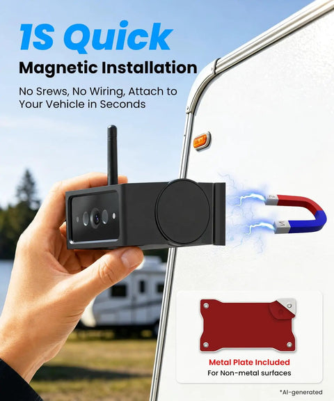 Slick Magnetic Solar Powered Wireless Backup Camera with quick magnetic installation on vehicle, showcasing ease of use.