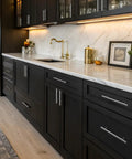 Modern kitchen with black cabinets featuring 30 Pack 3 Inch Center To Center Brushed Nickel Cabinet Pulls Modern Stainless Steel Cabinet Handles Five Inch Overall Length Upgrade Your Kitchen Cabinets Drawers Cupboards.