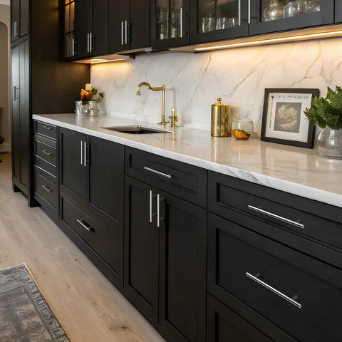 Modern kitchen with black cabinets featuring 30 Pack 3 Inch Center To Center Brushed Nickel Cabinet Pulls Modern Stainless Steel Cabinet Handles Five Inch Overall Length Upgrade Your Kitchen Cabinets Drawers Cupboards.
