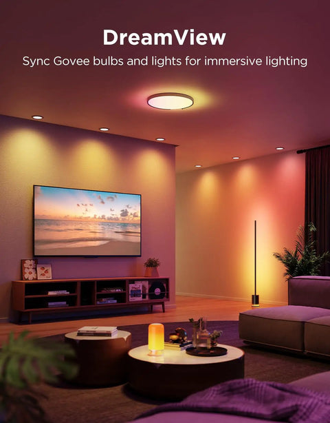 Cozy living room with Top Tier Br30 Smart Light Bulbs 850 Lumen E26 Socket 4 Pack RGBWW in dynamic colors and decor.