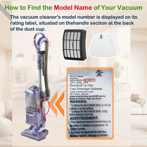 Image showing Shark vacuum, model label, and filters for Navigator Lift Away Replacement Filter Pack 2 Plus 4 Pack.