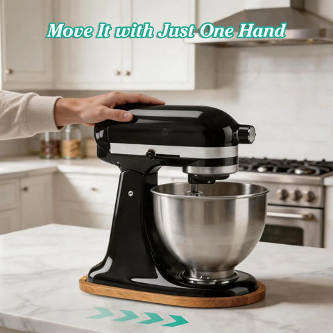 Hella Smooth Glide Acacia Wood Mixer Slider Tray For Kitchenaid 4 Point 5 To 5 Quart Tilt Head Stand Mixer in kitchen setting.