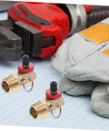 Rock Solid Brass Safety Valve For Air Tank Manifold With Fill Port And Npt Hose Valve Compressor Accessory For Safe Inflation And Pressure Control Built Tough Hella Reliable Two Pack with red knobs and tools in background.