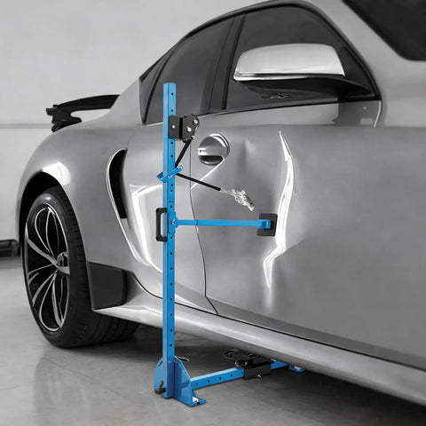 Dent Repair Puller Kit With 1763 Lbs Pulling Power on car door, adjustable height 10 to 160 cm, heavy duty tool in use