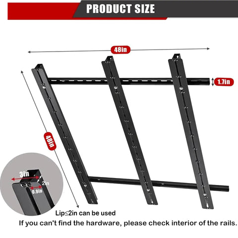 Adjustable Overhead Garage Storage Rack Expandable Ceiling Organizer Super Sturdy Steel Frame dimensions of 48in x 1.7in for easy installation.