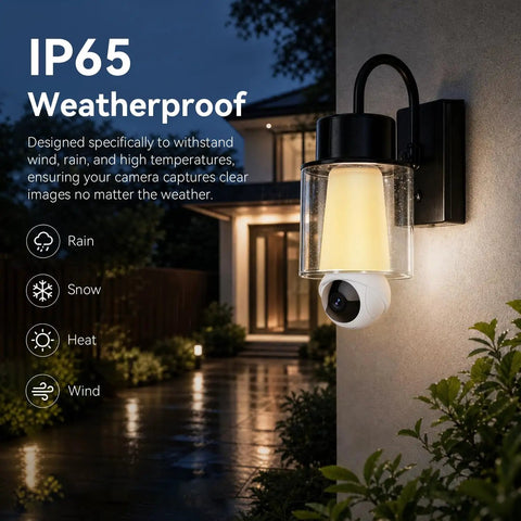 Straight Fire 2K Light Bulb Camera With Full Sweep Panning And Dead Reliable Dual Band Wifi For Home Security mounted in a weatherproof fixture.
