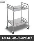 280 lbs capacity stainless steel cart with caster wheels, dual shelves, large load capacity label