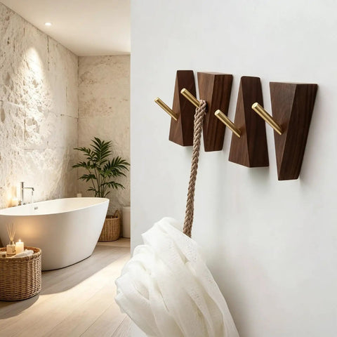 Solid Black Walnut Triangle Wall Hooks With Brushed Brass Caps, Heavy Duty Entryway Coat Rack, Hella Sturdy Key Holder.