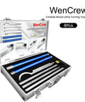 Carbide Tipped Wood Turning Tool Set With Extendable Shafts displayed in metal case, blue handle, lathe tools inside.