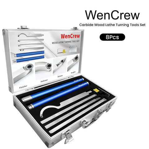 Carbide Tipped Wood Turning Tool Set With Extendable Shafts displayed in metal case, blue handle, lathe tools inside.