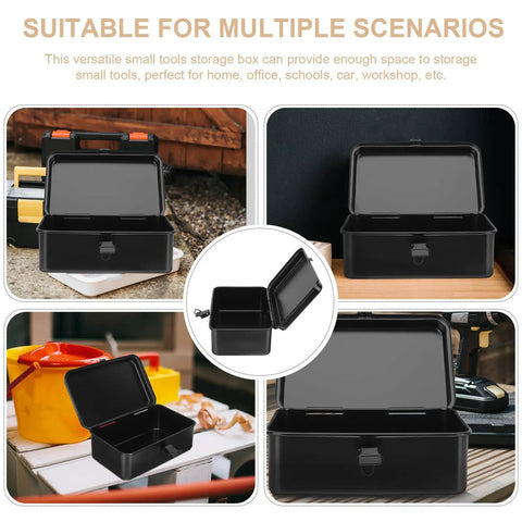 Small Iron Toolbox Featuring A Snug Metal Clasp For Portable Hand Carry Home Projects And Road Trip Trunk Organization, open view with sturdy design.