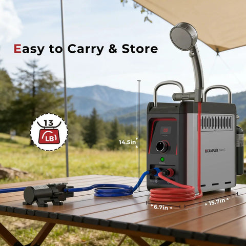 Portable Propane Water Heater For Camping And RV Shower With Pump Kit Lightweight Two D Battery Powered Built In Safety For Hiking Overlanding And Outdoor Adventures Anywhere on table