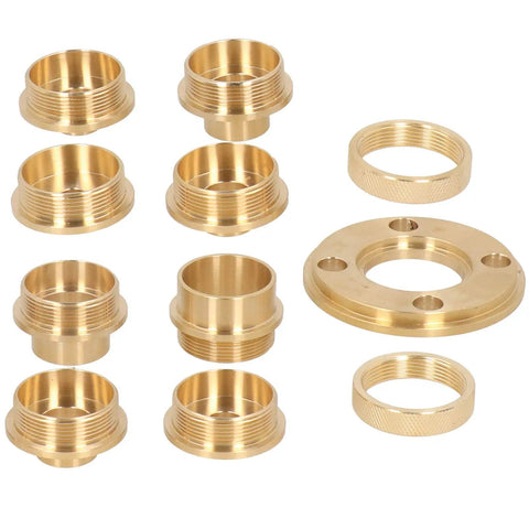 Solid Brass Router Template Guide Set 11 Piece Knockout Kit includes eight brass bushings and a central adapter.
