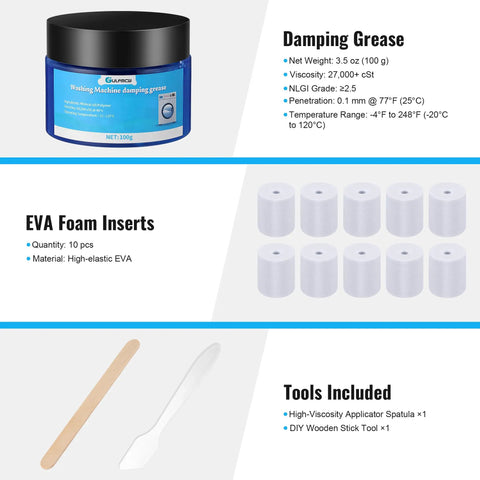 Heavy Duty Pro Grade Washing Machine Damping Grease Kit with 10 Foam Inserts and tools displayed separately
