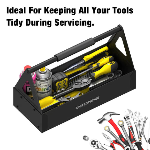 Grippy Handle Metal Tool Tray Portable Tote For Home Garage Warehouse And Shop Easy Tool Organization Durable Black Metal Storage Tray For Wrenches Screwdrivers And Small Parts containing various tools