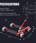 Heavy Duty Car Wheel Dolly Set Of Four For Rolling Loaded Rides With Six Thousand Lb Capacity Anti Slip Foot Pedal and smooth swivel casters dimensions and specifications