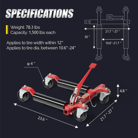 Heavy Duty Car Wheel Dolly Set Of Four For Rolling Loaded Rides With Six Thousand Lb Capacity Anti Slip Foot Pedal and smooth swivel casters dimensions and specifications