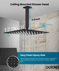 Top Shelf Matte Black Ceiling Mount Shower System With Rock Solid Brass Valve And Slick Handheld Sprayer Game Changing 12 Inch Ultra Thin Rain Head showcasing a 12 inch overhead rain shower head.