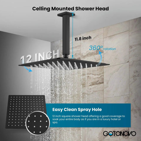Top Shelf Matte Black Ceiling Mount Shower System With Rock Solid Brass Valve And Slick Handheld Sprayer Game Changing 12 Inch Ultra Thin Rain Head showcasing a 12 inch overhead rain shower head.