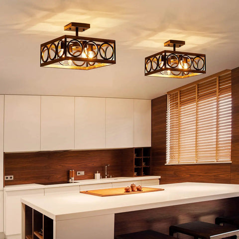4 Light Modern Black Square Chandelier With Vintage Wood Grain Finish And 180 Degree Adjustable Pole in kitchen setting