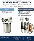 Image comparing Heavy Duty Stainless Steel Kitchen Utensil Holder And Countertop Caddy with basic and multi-functional features.
