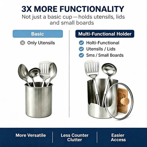 Image comparing Heavy Duty Stainless Steel Kitchen Utensil Holder And Countertop Caddy with basic and multi-functional features.