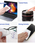 Person cleaning laptop, camera lens, glasses, and phone with Pre Moistened Lens Wipes For Glasses And Screens 220 Individually Wrapped