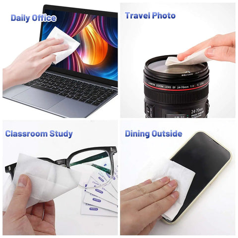 Person cleaning laptop, camera lens, glasses, and phone with Pre Moistened Lens Wipes For Glasses And Screens 220 Individually Wrapped