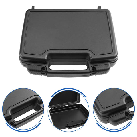 Premium Badass Tool Case Organizer With Secure Removable Tray Inserts, Heavy Duty Black Plastic Hardshell Crate top view with handle.