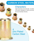 Front view of M5 zinc-plated carbon steel rivet nuts set, 100-piece, flat-head threaded inserts.