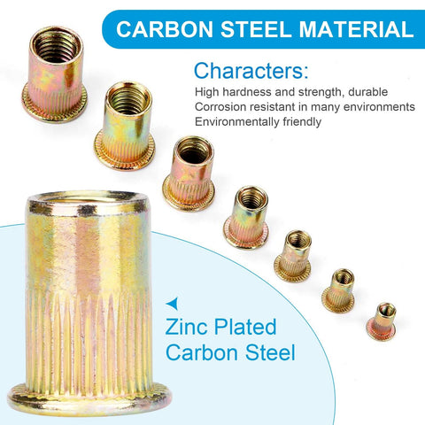 Front view of M5 zinc-plated carbon steel rivet nuts set, 100-piece, flat-head threaded inserts.