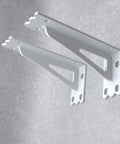 Top Notch 2 Pack Wall Mounted Shelf Brackets Heavy Duty Metal Triangle Supports Built Tough For Wood Boards Quick Install Includes Full Hardware White Finish mounted on wall.