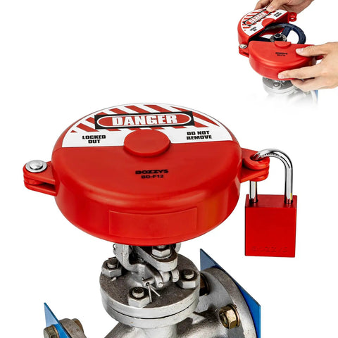 Red ABS Gate Valve Lockout with padlock installed on valve, displaying danger sign, fits 2.5-5 inch handles, OSHA compliant.