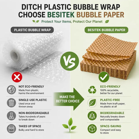 Comparison of plastic bubble wrap vs Heavy Duty Honeycomb Kraft Paper Wrap Sheets For Packing And Moving 12 X 12 Inches 100 Sheets.