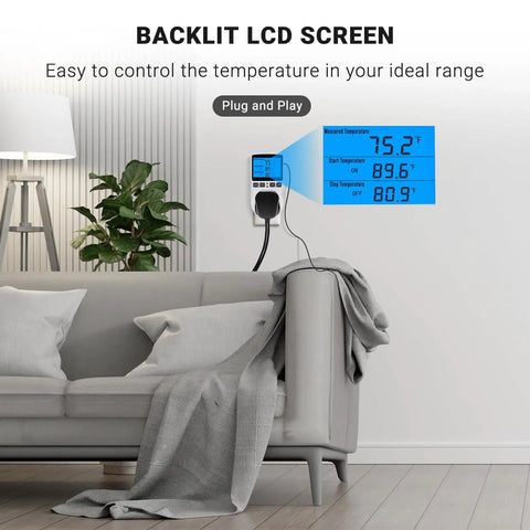 Plug In Thermostat Outlet With Temperature Control And Timer, 1800W 110V 15A backlit display shown in a living room setting.