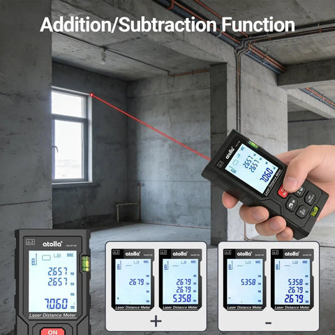 Pro Grade Laser Tape Measure, 328 Ft Digital Distance Meter With Bubble Level, Smart Area And Volume Calculation in use measuring wall.
