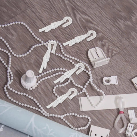 Rock Solid 12 Piece Blind Wand Replacement Hooks Built With Heavy Duty Alloy For Smooth Tilt Action And Fast Window Treatment Repairs Around Your Place on a wooden surface with accessories.