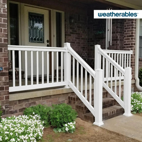 Premium White Vinyl Porch And Deck Railing Kit For Balconies Patios And Outdoors installed on steps with flowers nearby.