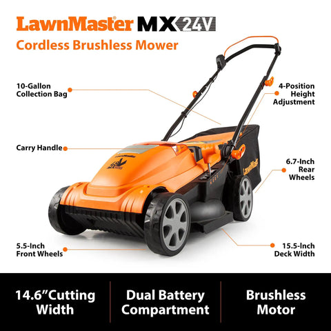 Brushless Cordless Lawn Mower With 48V Max Power 15 Inch Deck 2x24V 4Ah Batteries Dual Charger Lightweight Yard Tool