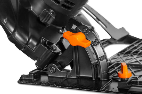 Close-up of adjustment settings on the Slick 13 Amp Sidewinder Circular Saw With Track Compatible Base for precise cutting.
