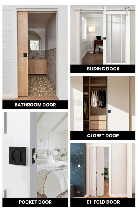 Dope Matte Black Square Pocket Door Lock Kit used on bathroom, sliding, closet, pocket, and bi-fold doors.