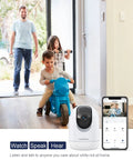 2K Indoor Security Camera With 2.4 And 5GHz WiFi Night Vision And 24 Seven Recording, kids playing, phone app interface visible