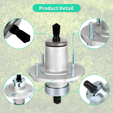 Heavy Duty Spindle Assembly For John Deere X300 X350 S240 Z225 Lawn Tractor with details on screw and knob features.