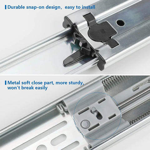 Two Sets 20 Inch Soft Close Drawer Slides Heavy Duty Side Mount Rails For Cabinets And Furniture, close-up of snap-on metal mechanism