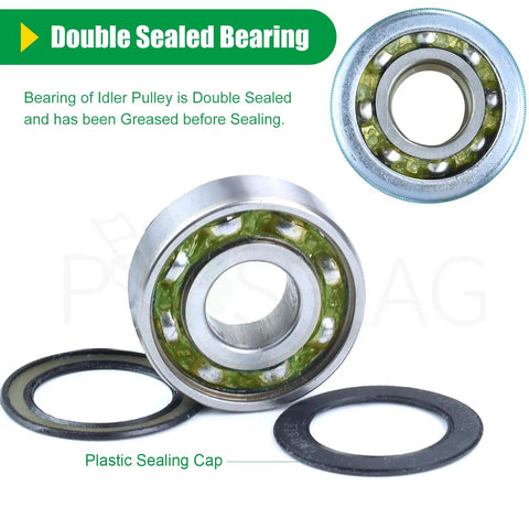 Heavy Duty Idler Pulley Replacement For John Deere GY22172 And GY20629 Fits 42 Deck D130 Mower Parts with double sealed bearing and plastic cap.