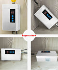 Under Sink Tankless Electric Water Heater 110V 3000W On Demand Instant Hot Water For Kitchen And Bathroom, Adjustable Temperature 28 To 55 C, Safe Fast Heating, Compact White Unit installed under a sink with digital display showing temperature.