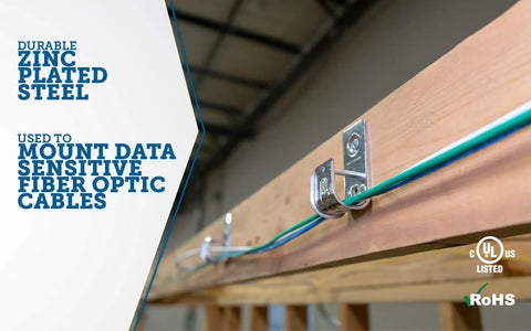 4 Inch J Hook Cable Support With Removable Angle Bracket Zinc Plated Steel Ceiling Mount Holds Up To 300 CAT5E Cables Pack Of 25 Silver Heavy Duty Data Center Cabling And Ceiling Runs mounted on wood beam with cables secured.